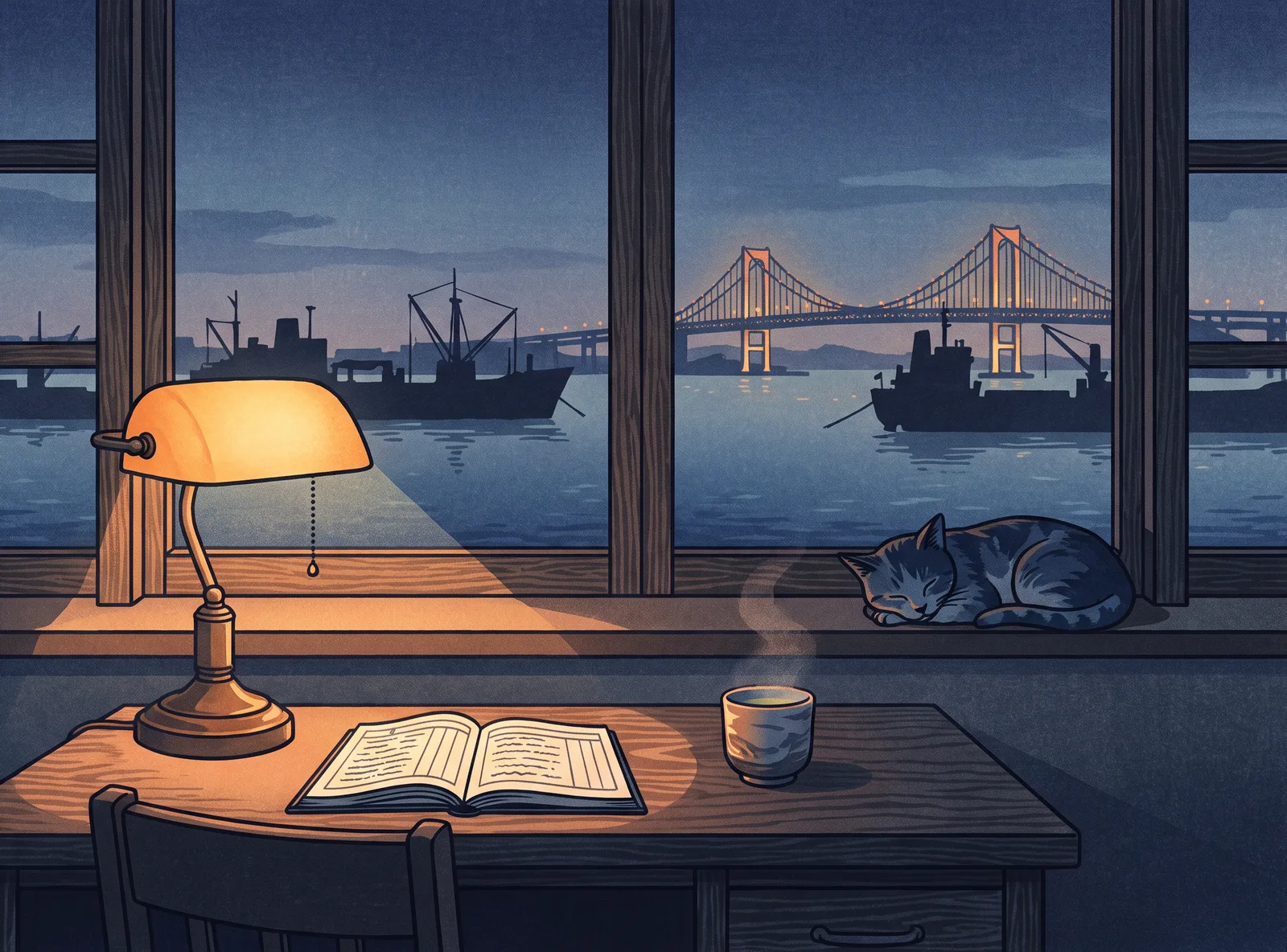 A woodblock-print desk at night: a lamp over an open ledger, tea, and a harbour with ships and a lit bridge through the window